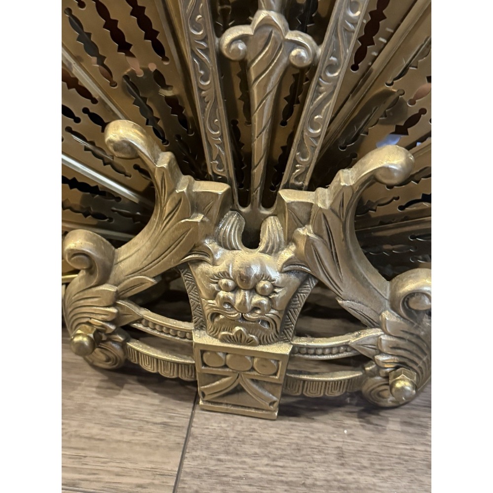 Vintage Art Deco Brass Peacock Fan Fireplace Screen Figural Filigree Goddess - Picture 3 of 16